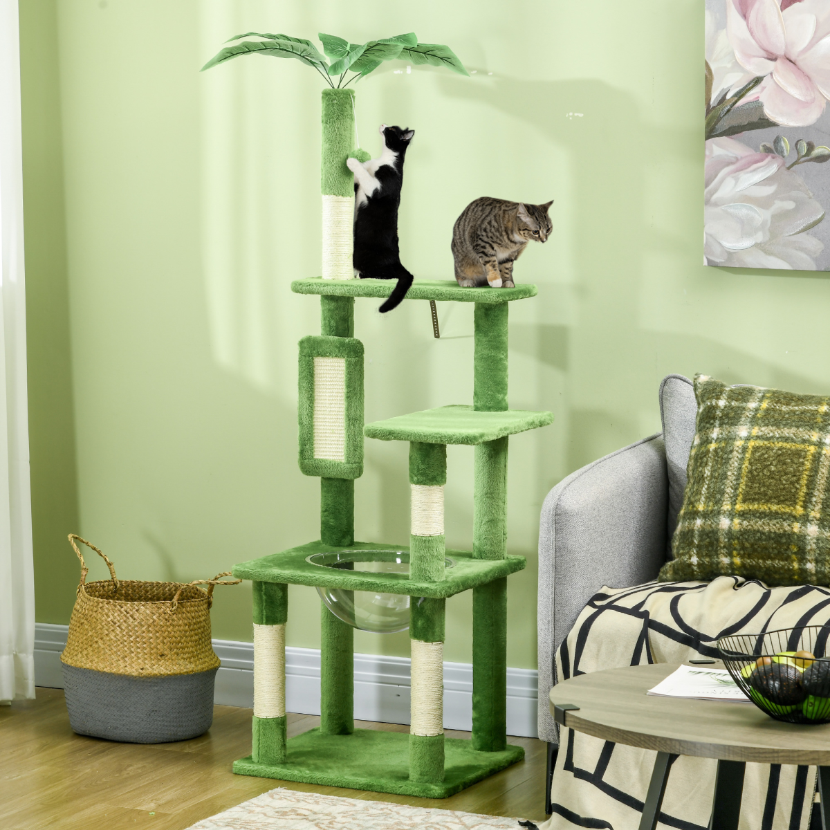 PawHut 142cm Cat Tree Tower with Scratching Post Hammock Ball Platforms Green