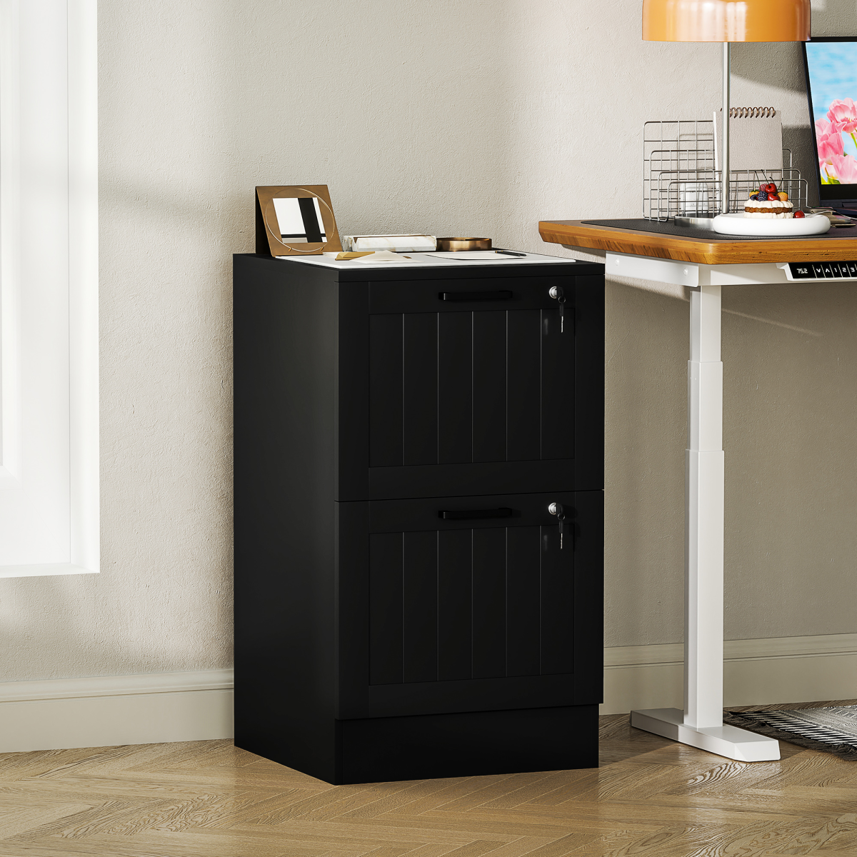 HOMCOM 2 Drawer File Cabinet with Lock and Adjustable Hanging Bars, Black