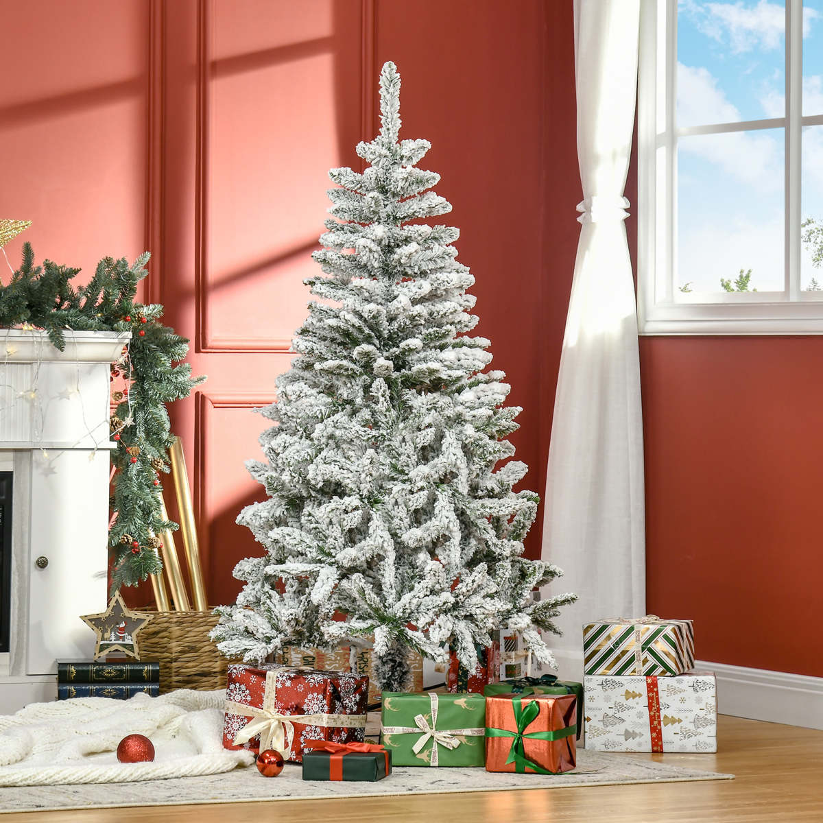 5ft Snow Flocked Artificial Christmas Tree w/ Realistic Branch Tips HOMCOM