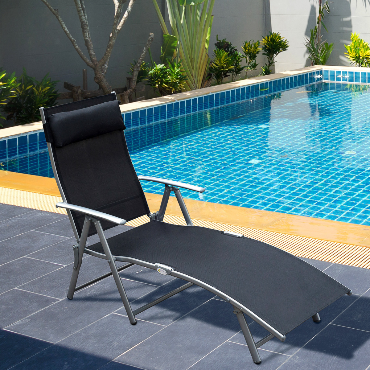Sun Lounger Recliner Foldable 7 Levels Textilene Black Patio
