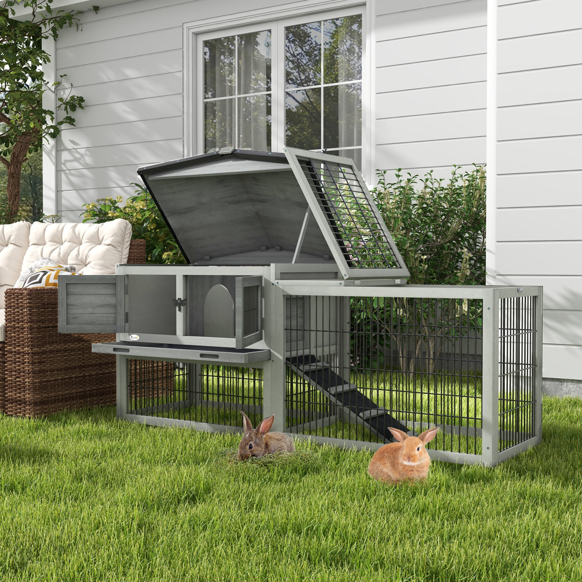 Pawhut Rabbit Hutch Pet House Outdoor Run Design w/ Water-Resistant Paint Ramp