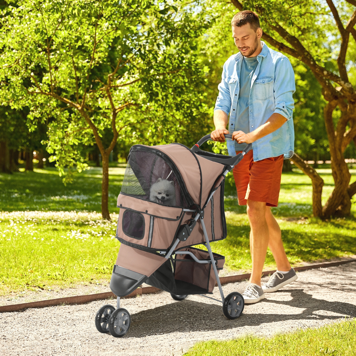 Pet Stroller Pushchair Carrier for Cat Puppy with 3 Wheels Brown Pawhut