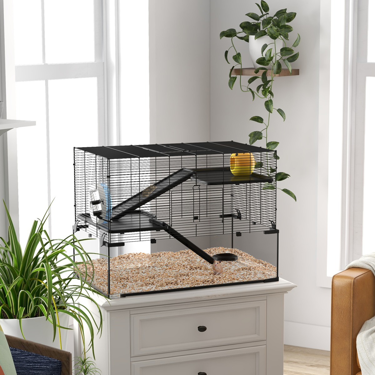 3 Tiers Hamster Cage w/ Deep Glass Bottom, Dish, Hut, 78.5 x 48.5 x 57cm