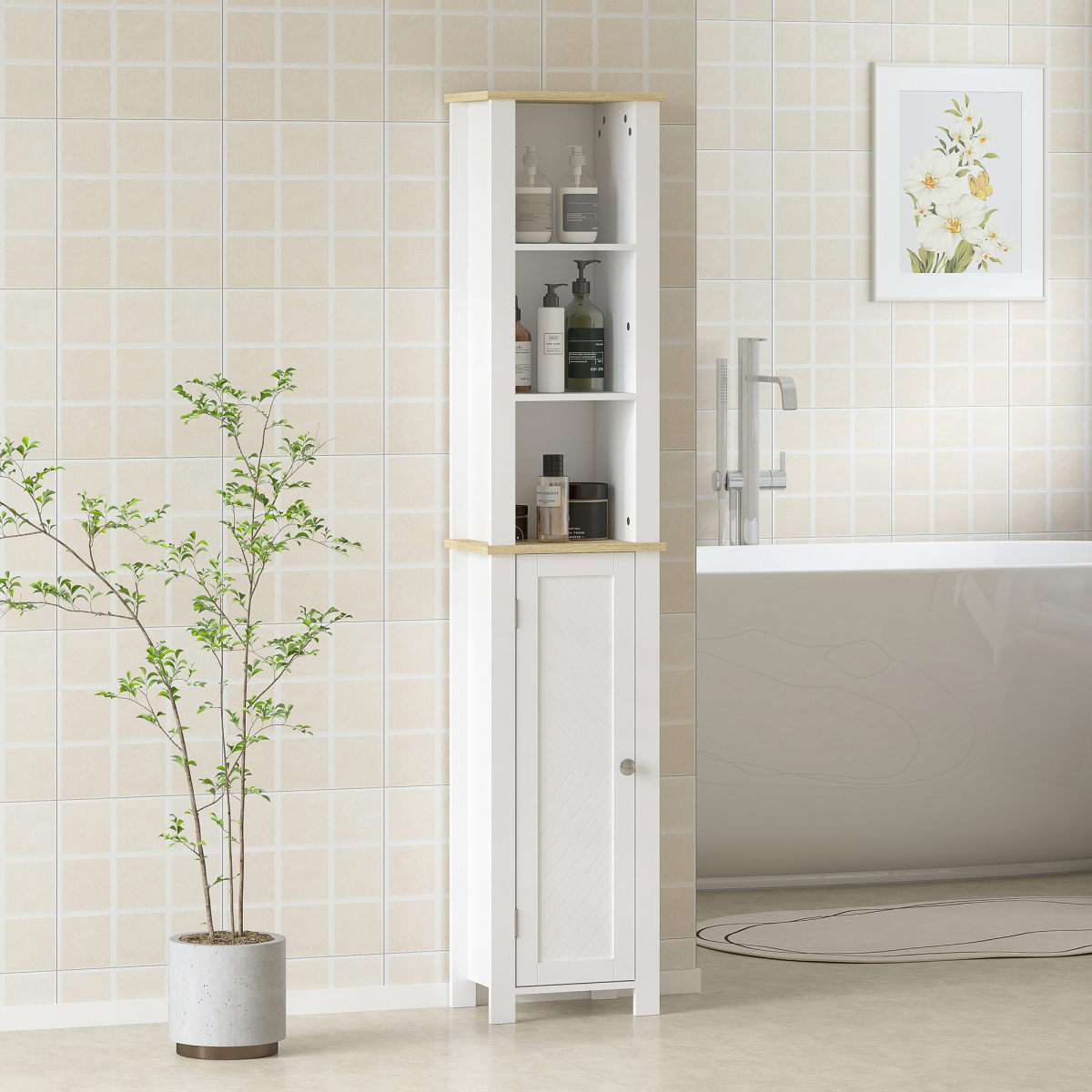 kleankin Slim Bathroom Storage Unit with Open Compartment, White