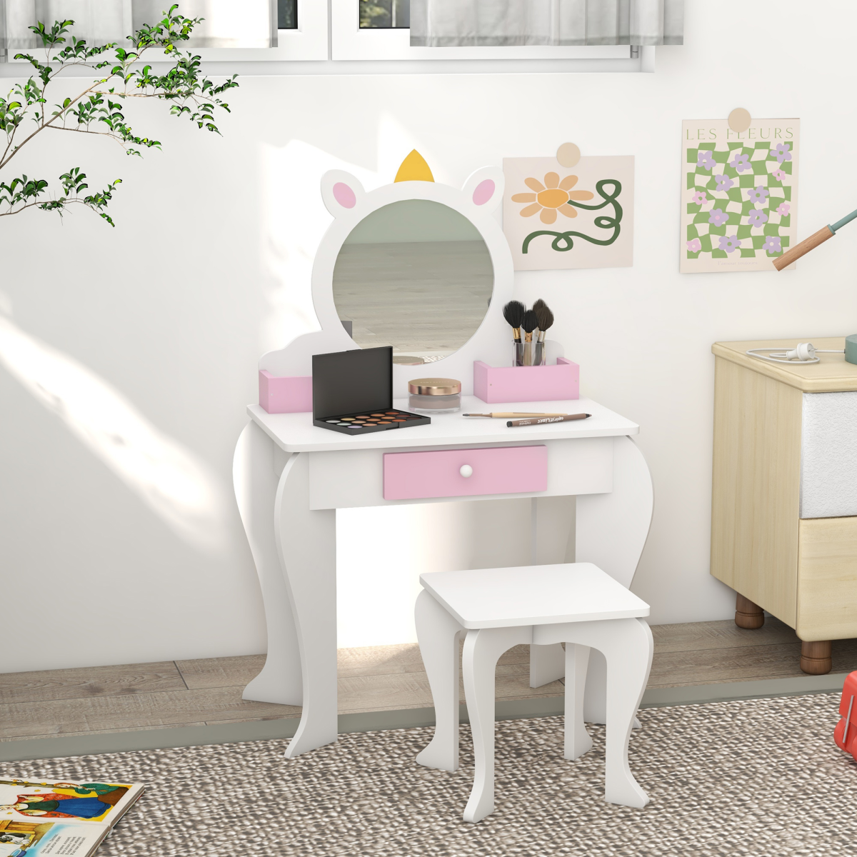 ZONEKIZ Kids Dressing Table with Mirror and Stool, Drawer, Storage Boxes - White