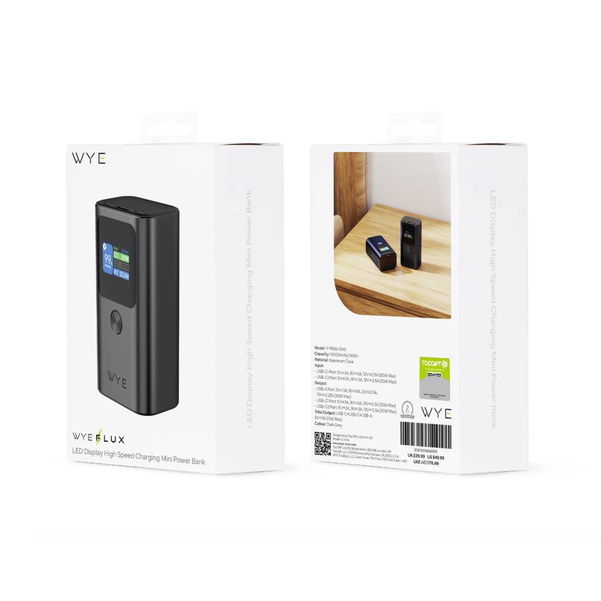 WYEFLUX High Speed Charging Mini Power Bank With LED Display 10K mAh - Dark Grey