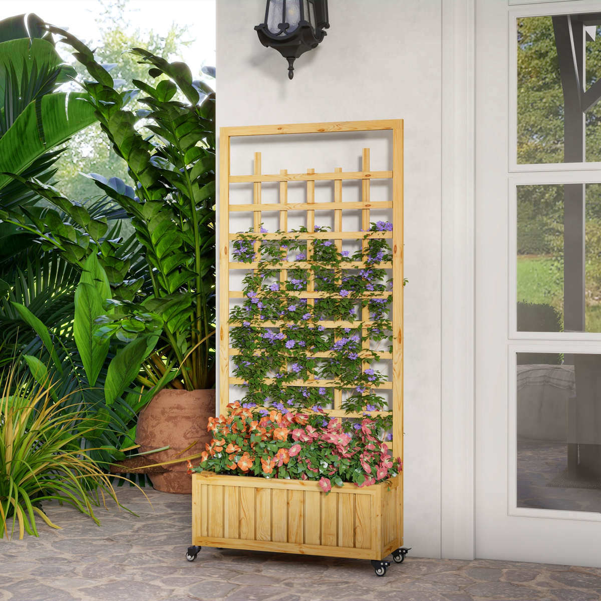 Outsunny Wooden Trellis Planter, Raised Garden Bed with Wheels and Bed Liner