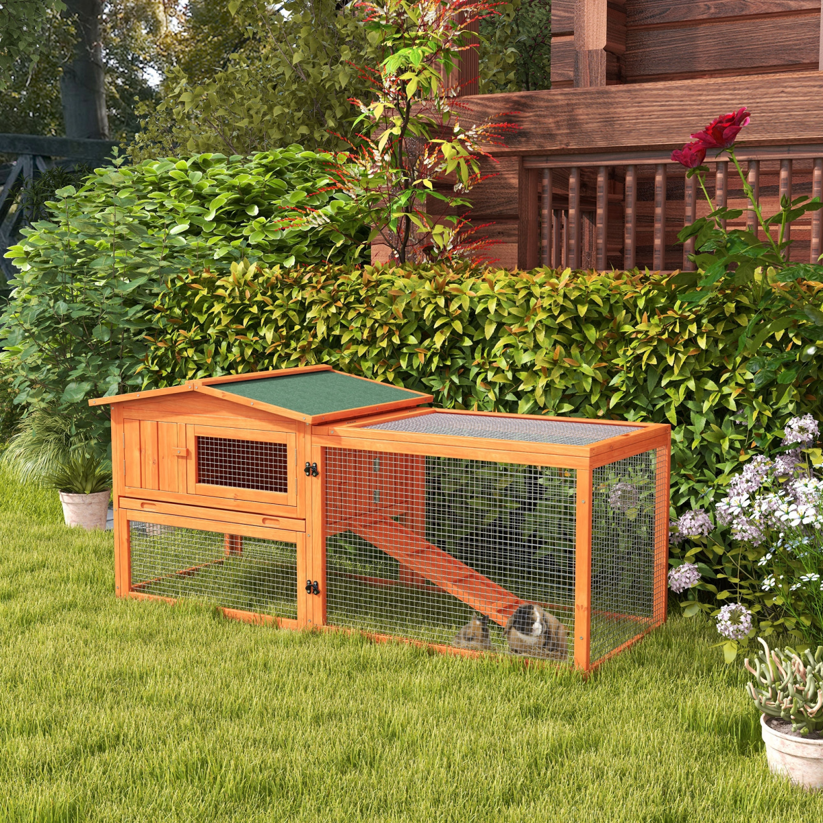 Rabbit Hutch and Run Outdoor Sliding Tray Hay Rack Ramp, 156x58x68 cm Pawhut