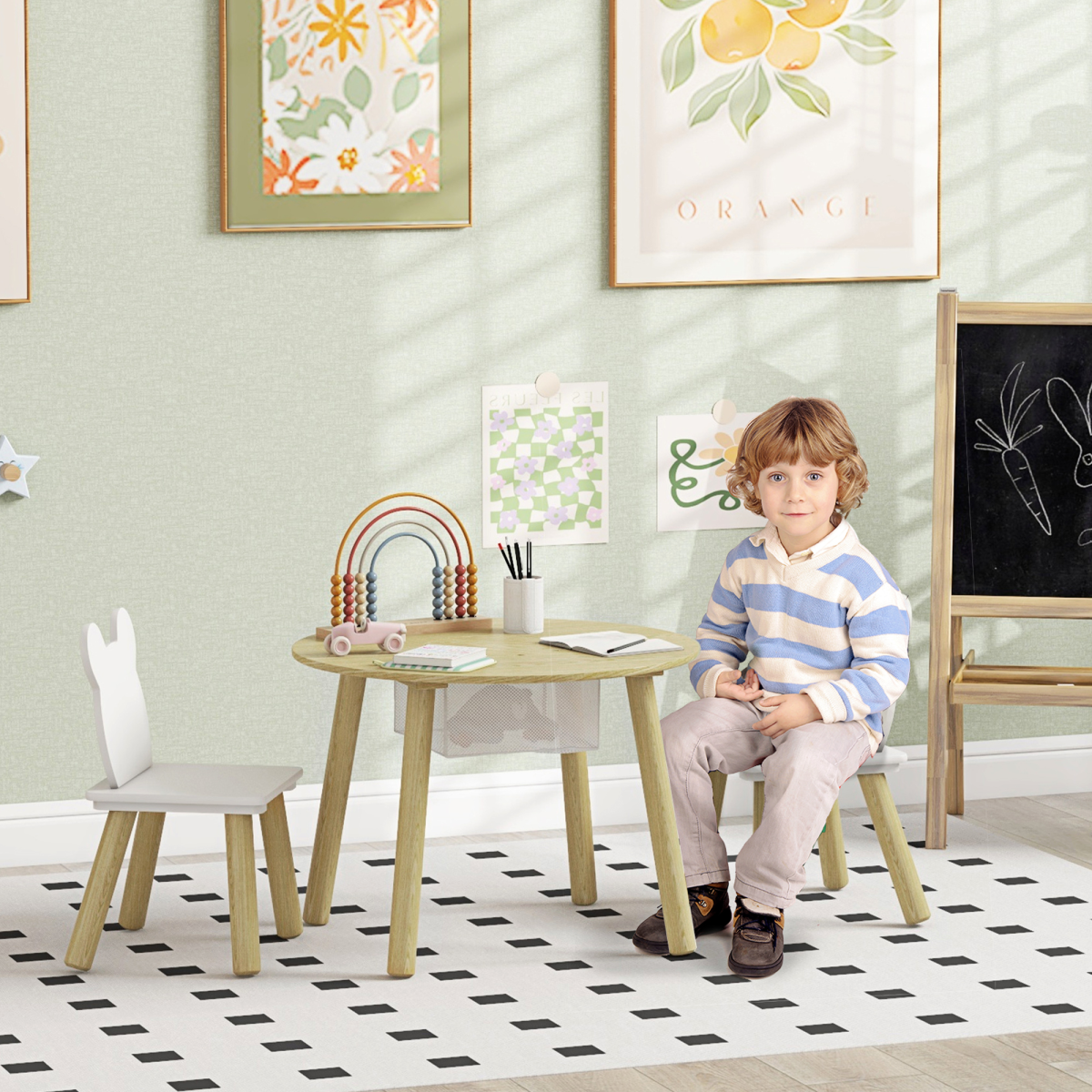 AIYAPLAY 3 Pieces Toddler Table and Chair Set w/ Centre Mesh Bag