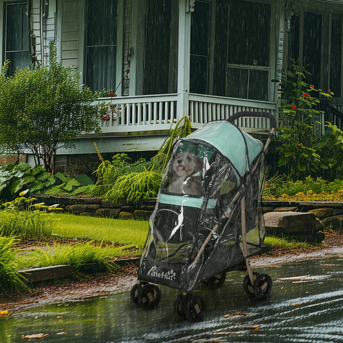 PawHut Pet Stroller for XS and S Dogs with Rain Cover - Green