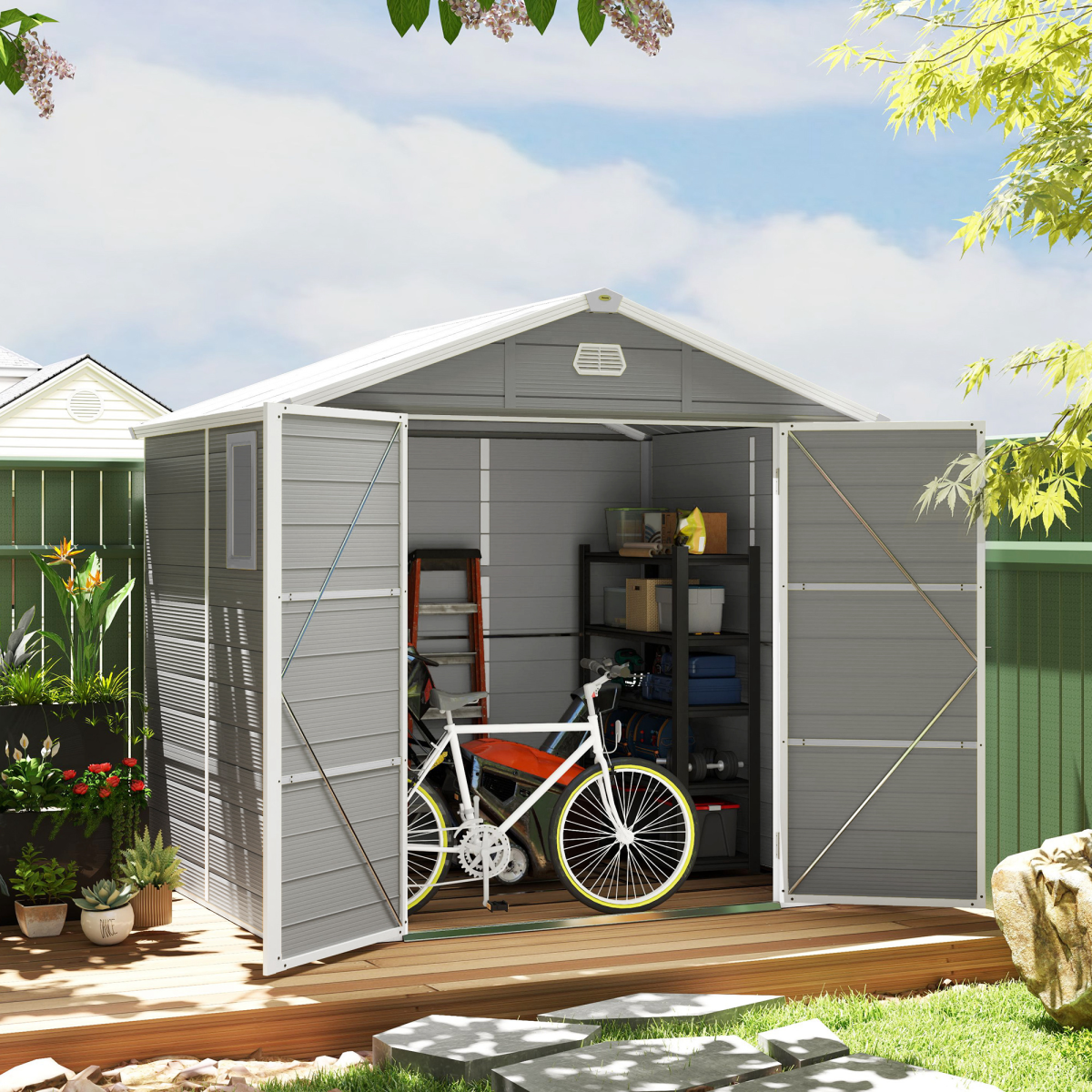 Outsunny 8 x 6ft Garden Shed Storage w/ Foundation Kit, Vents, Light Grey