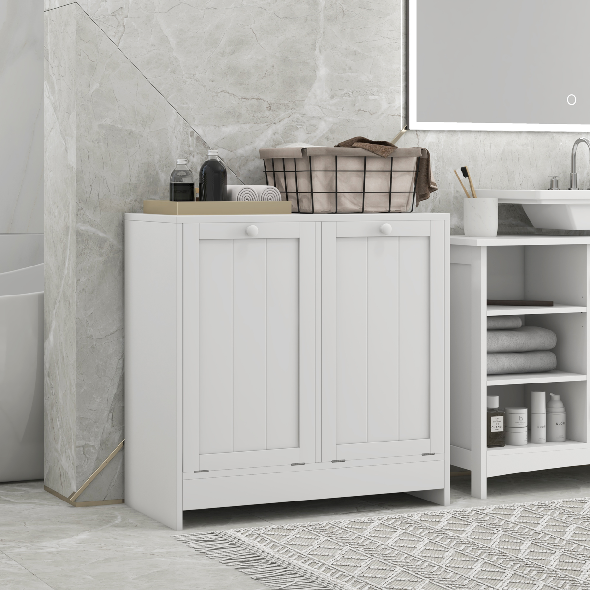 kleankin Tilt-out Laundry Storage Cabinet with 2 Compartment Hampers, White