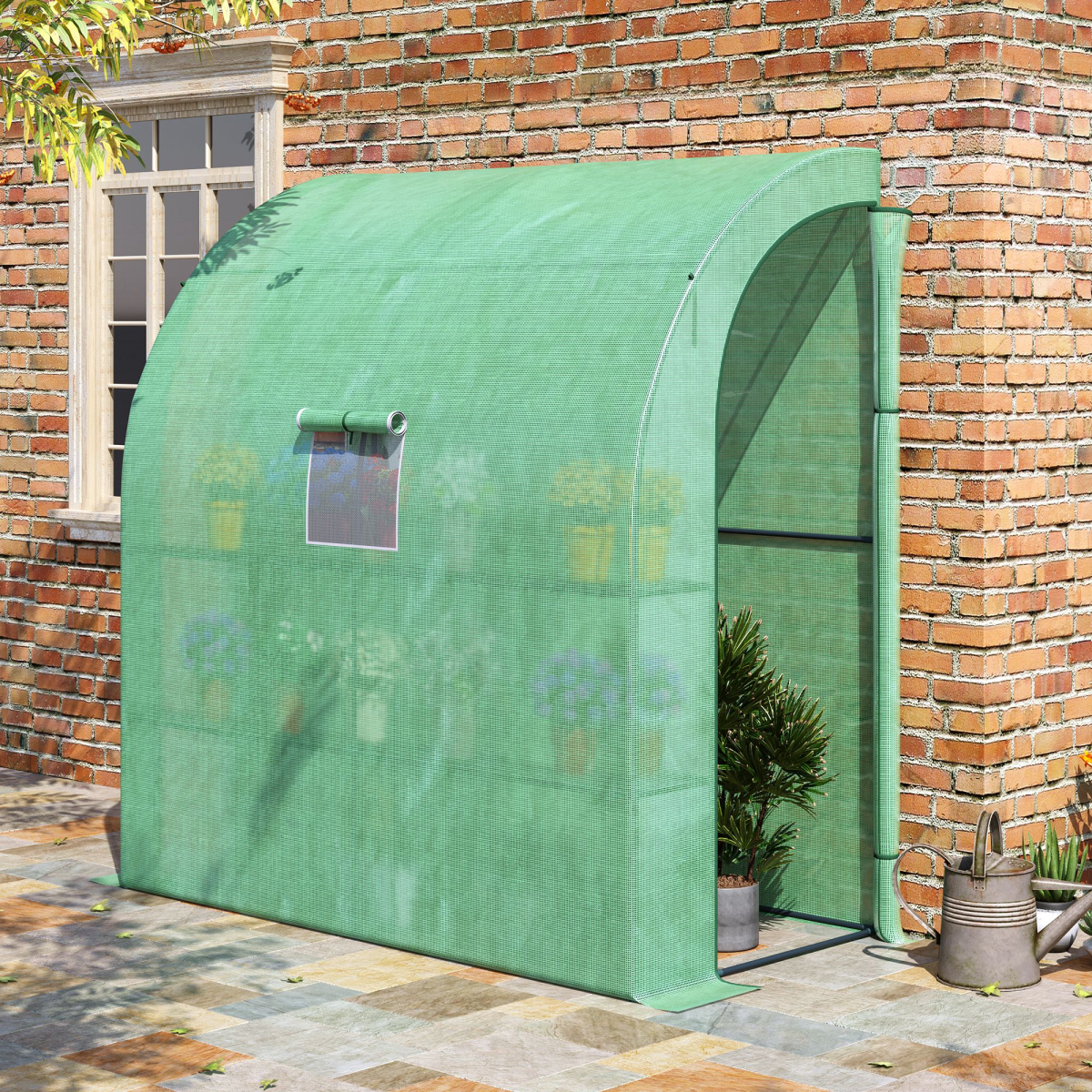 Walk-In Lean to Wall Greenhouse Window&Door 200Lx 100W x 215Hcm Green Outsunny