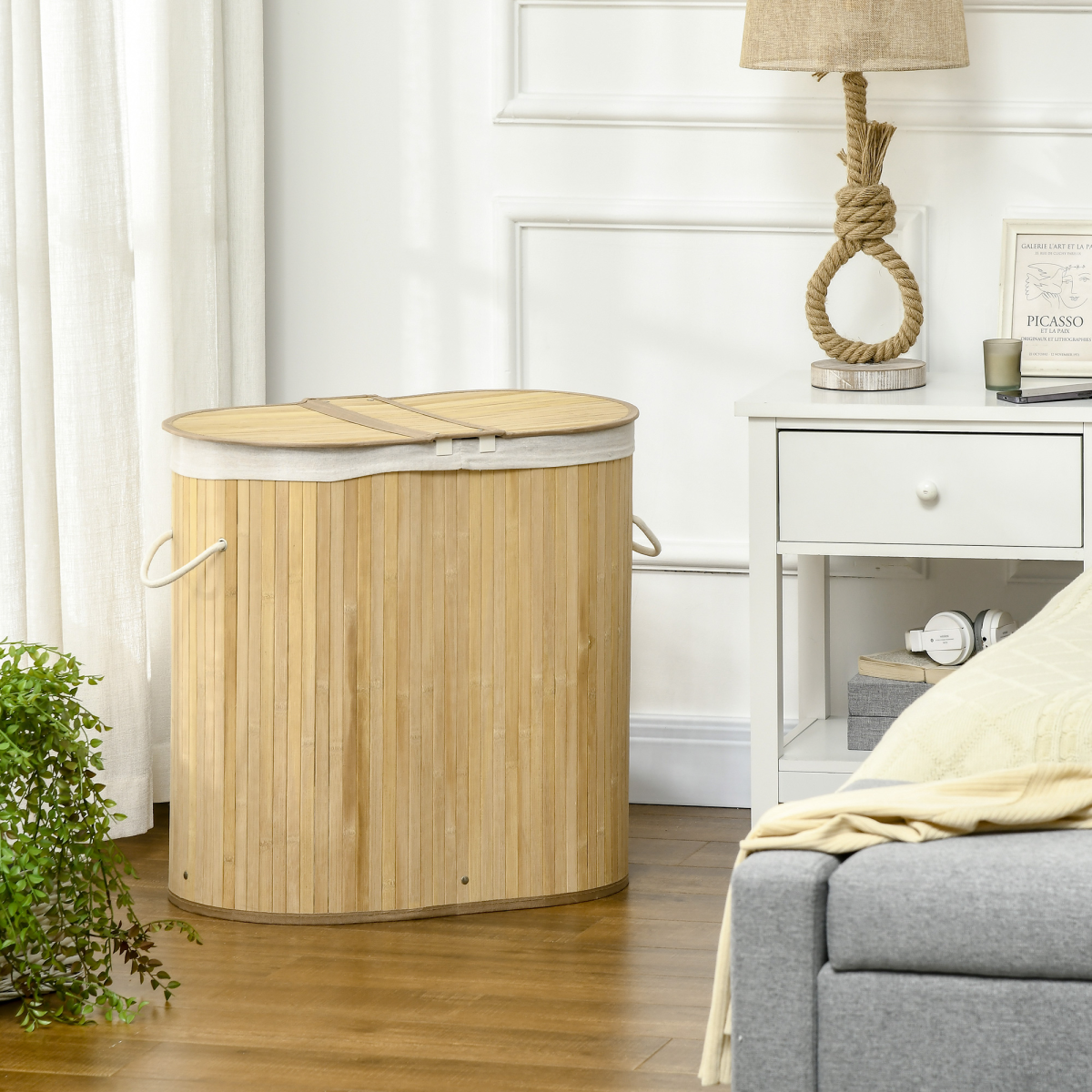100L Bamboo Laundry Basket w/ 2 Compartments Washing Baskets Natural HOMCOM