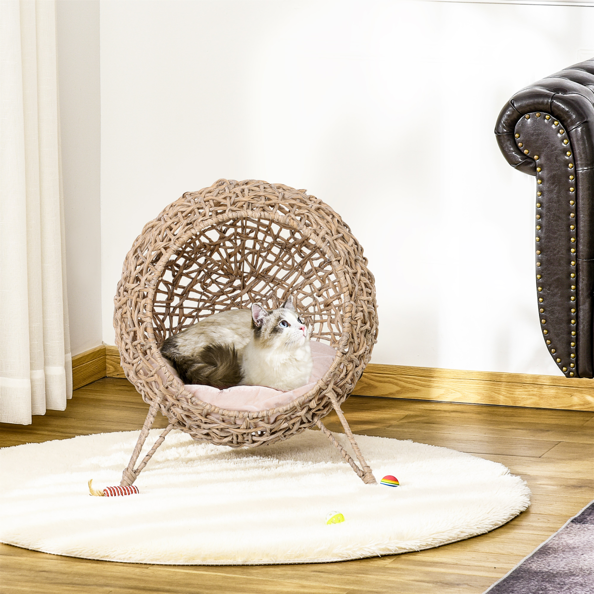 Rattan Elevated Cat House Kitten Bed Pet Furniture w/ Cushion Natural