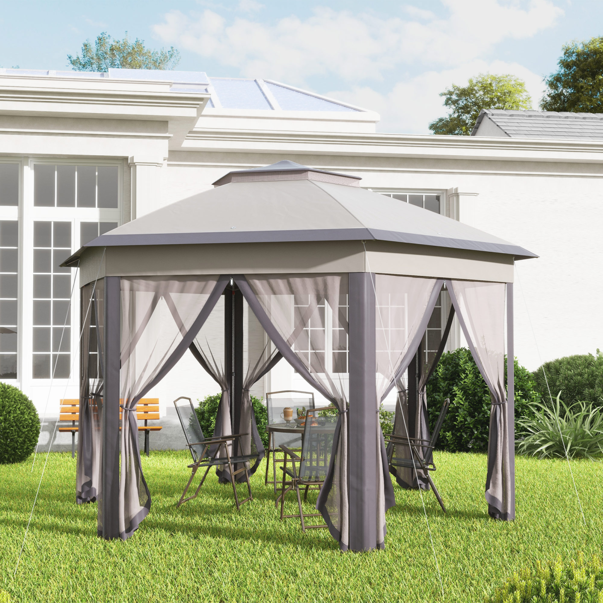 4.05m x 4.05m Metal Frame Mesh Draped 2-Tier Roof Gazebo Brown