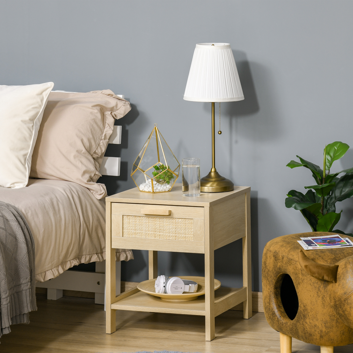 Bedside Table Nightstand W/ Rattan Drawer Storage Shelf Bedroom Living Room