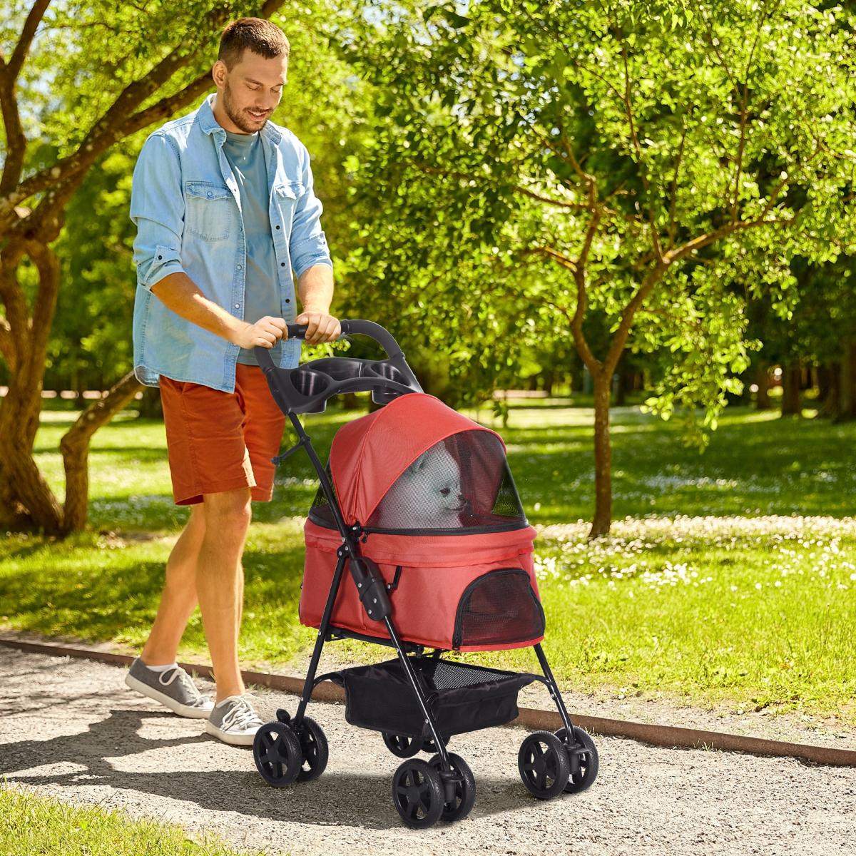 Pet Stroller No-Zip Foldable Travel Carriage with Brake Basket Adjustable Canopy