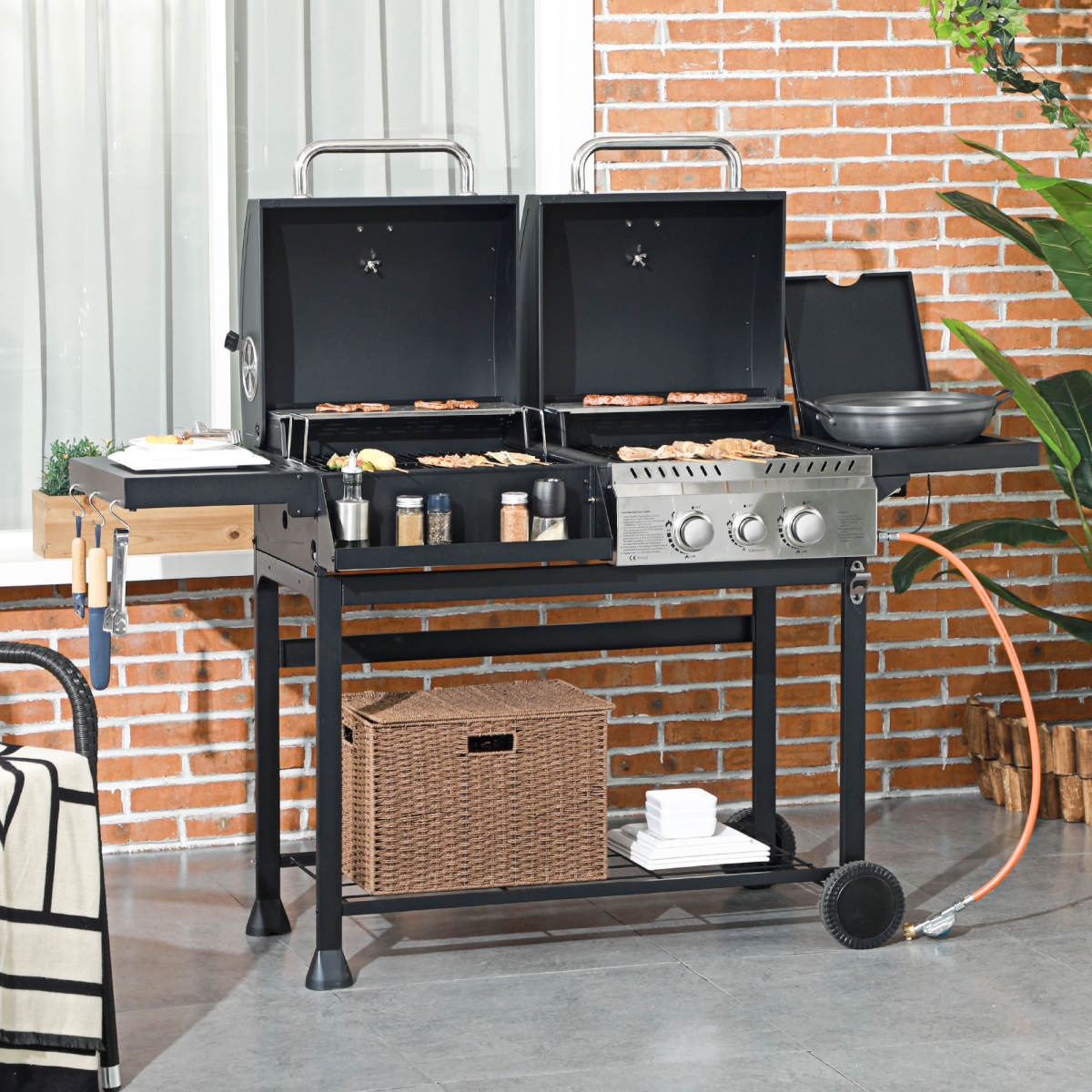 Outsunny Dual Fuel BBQ Grill with Wheels, Warming Rack, Black