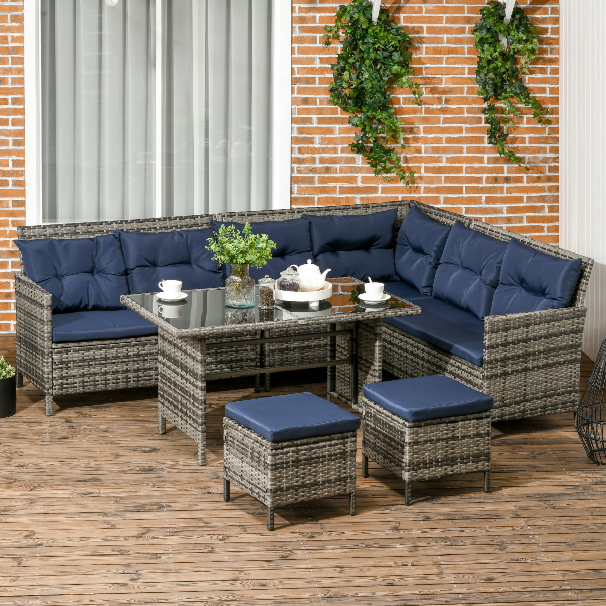 Outsunny 6 PCs Patio wicker Sofa Set Rattan Chair Furniture w/ Glass & Cushioned