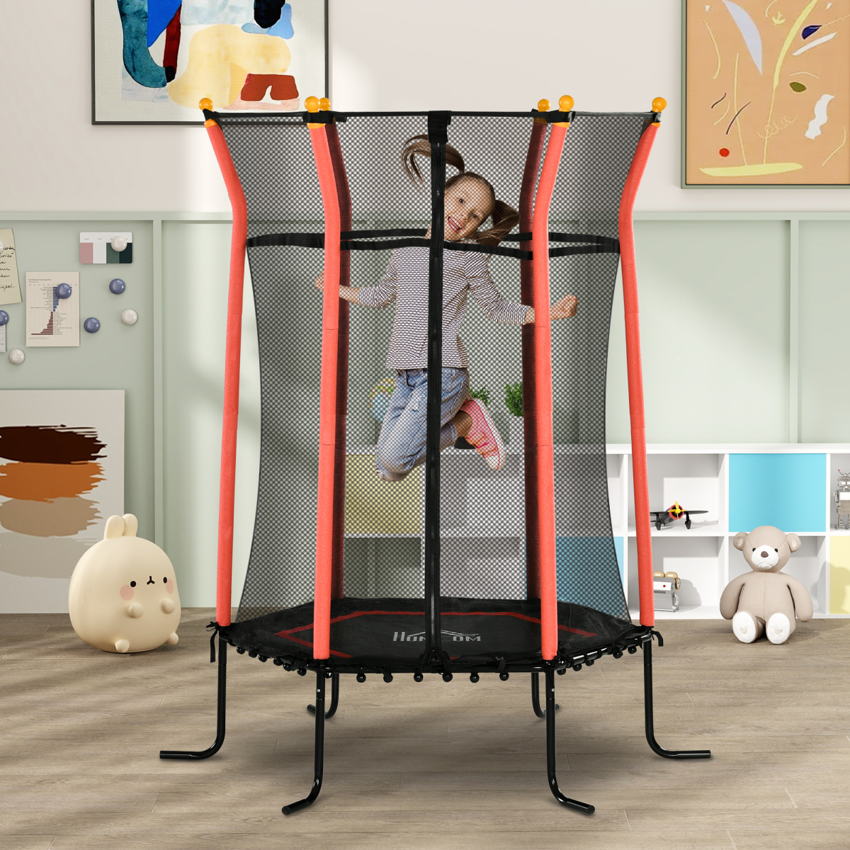 HOMCOM 5.4FT Kids Trampoline With Enclosure Indoor Outdoor for 3-10 Years Red
