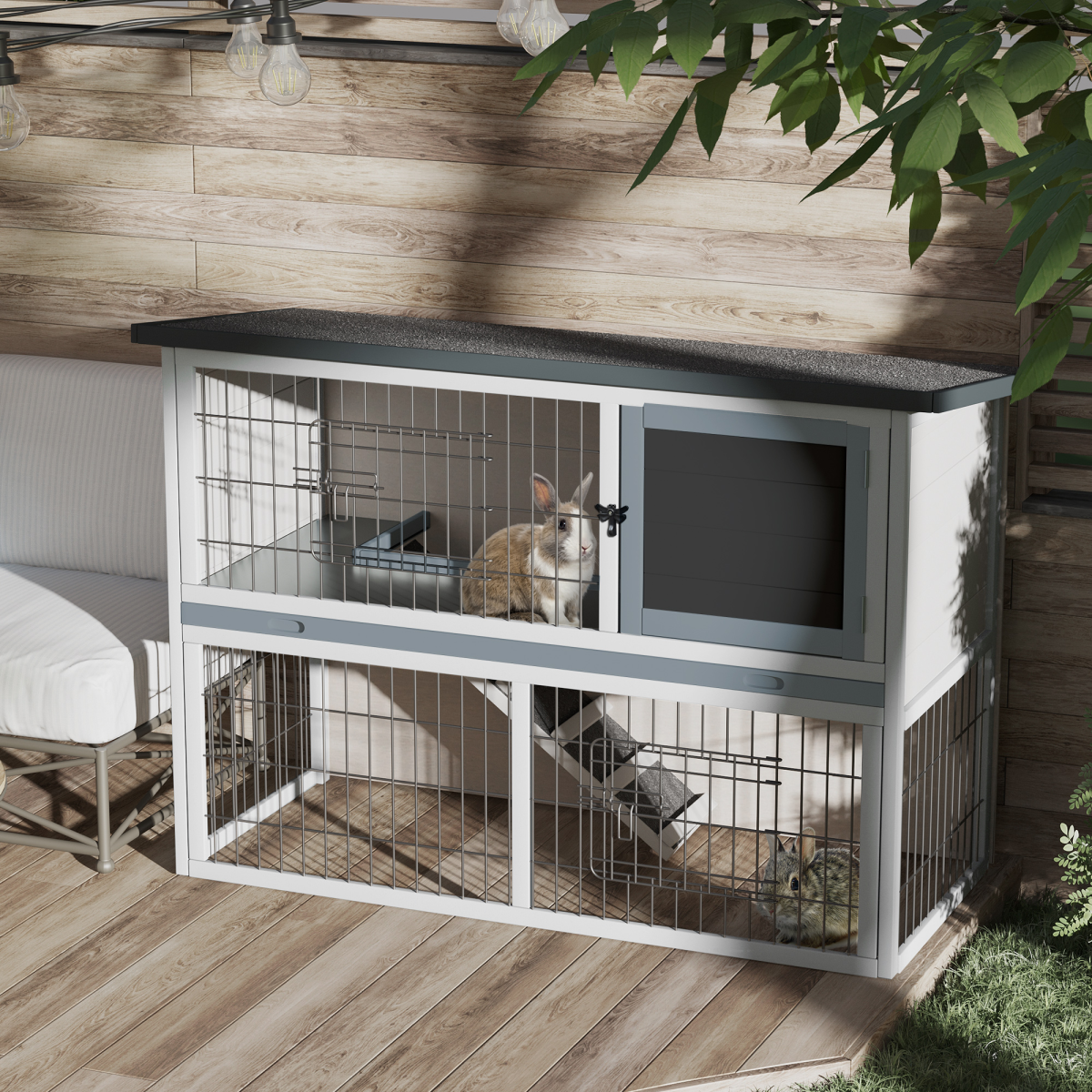 Rabbit Hutch and Run w/ Removable Tray Openable Top for Indoors & Outdoors Grey