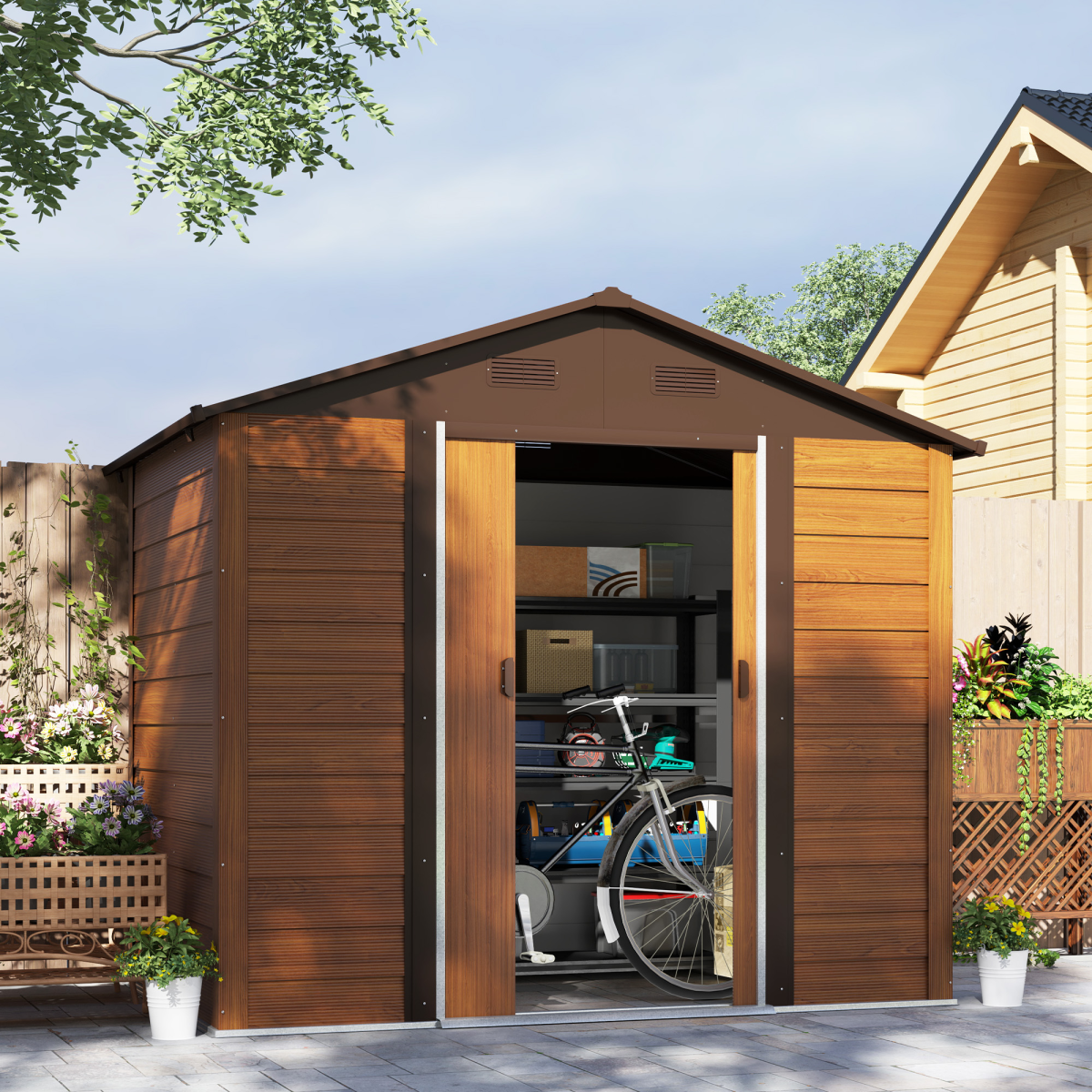 Outsunny 7.7x6.4ft Garden Shed, Tool Storage Sliding Door Wood Effect