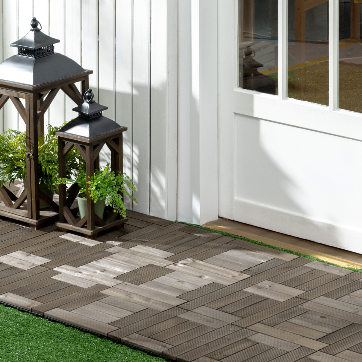 Set of 27 Wooden Interlocking Decking Tiles, 30 x 30 cm, Total 2.5?, Grey