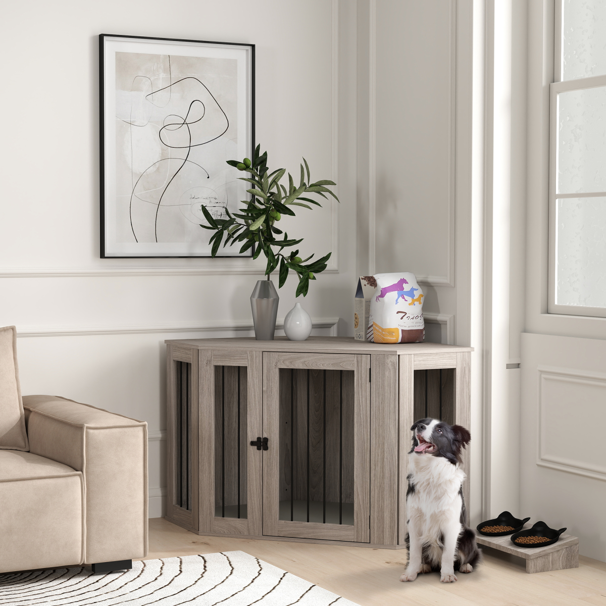 PawHut Dog Crate Furniture for Large Dogs w/ Cushion, Door - Walnut Brown