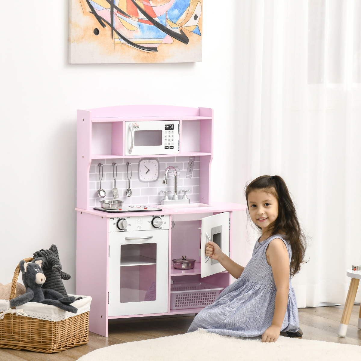 Kitchen Set for Kids W/ Lights Sounds, Microwave, Sink, for Aged 3-6 HOMCOM