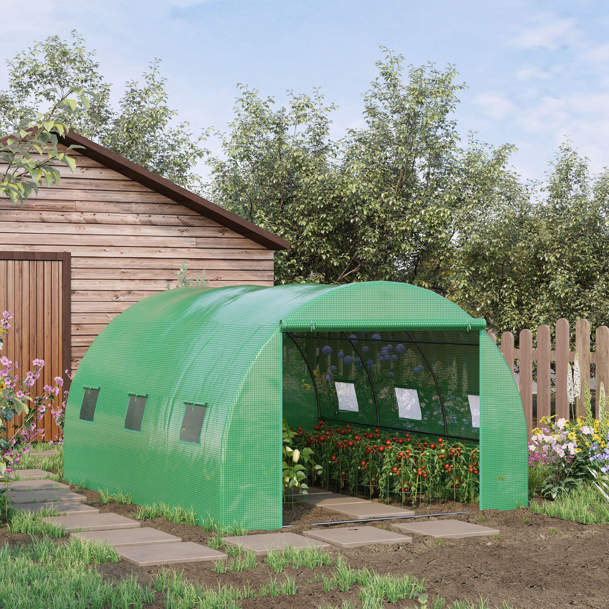 4x3x2m Tunnel Greenhouse Walk-In Hot House Roll Up Door & 6 Windows-Green
