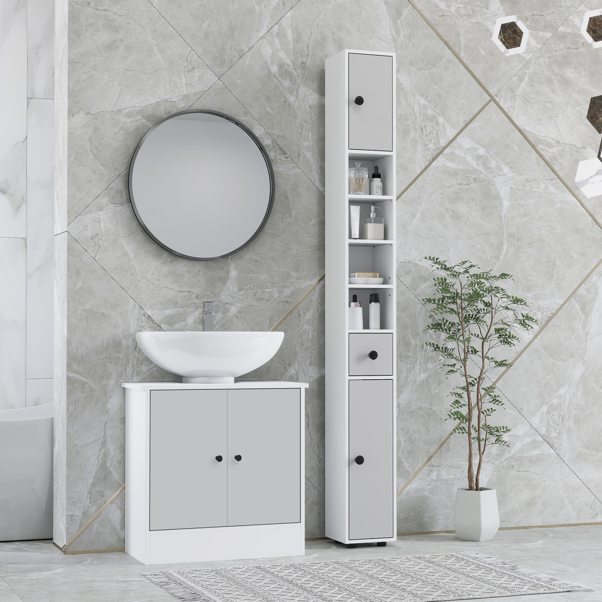 kleankin Slim Bathroom Cabinet, Toilet Roll Storage w/ Shelves, Light Grey