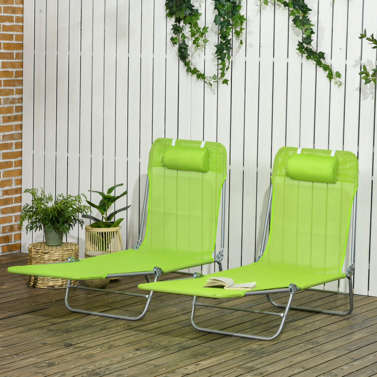 Outsunny 2 Piece Folding Sun Loungers with Adjustable Backrest, Pillow, Green