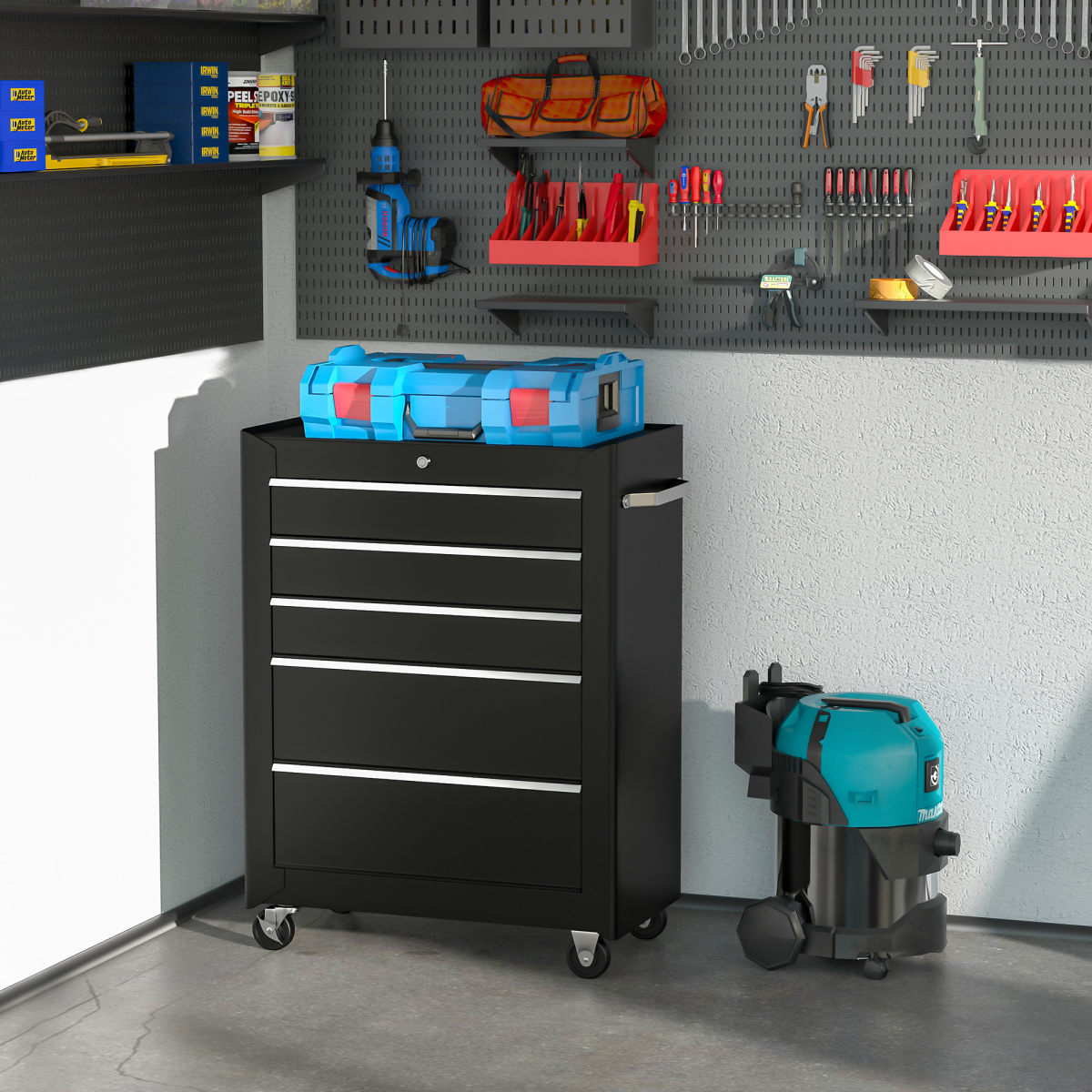 5-Drawer Lockable Steel Tool Storage Cabinet w/ Wheels Handle 2 Keys Black