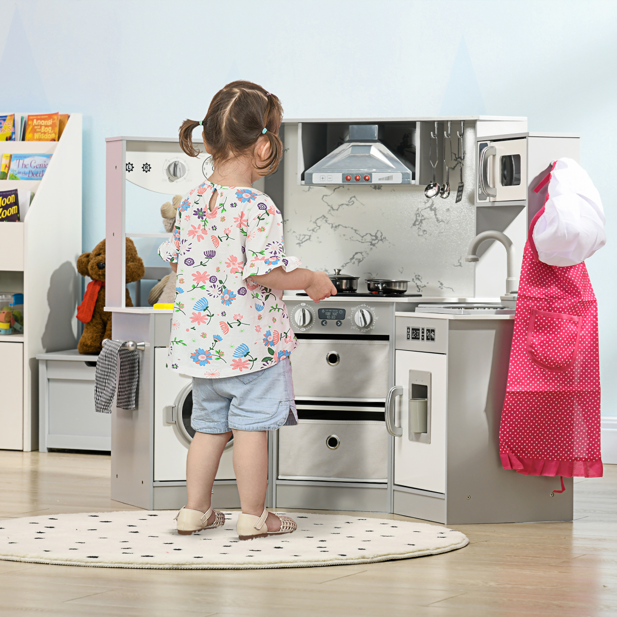 AIYAPLAY Toy Kitchen Playset with Running Water, Apron and Chef Hat - Grey