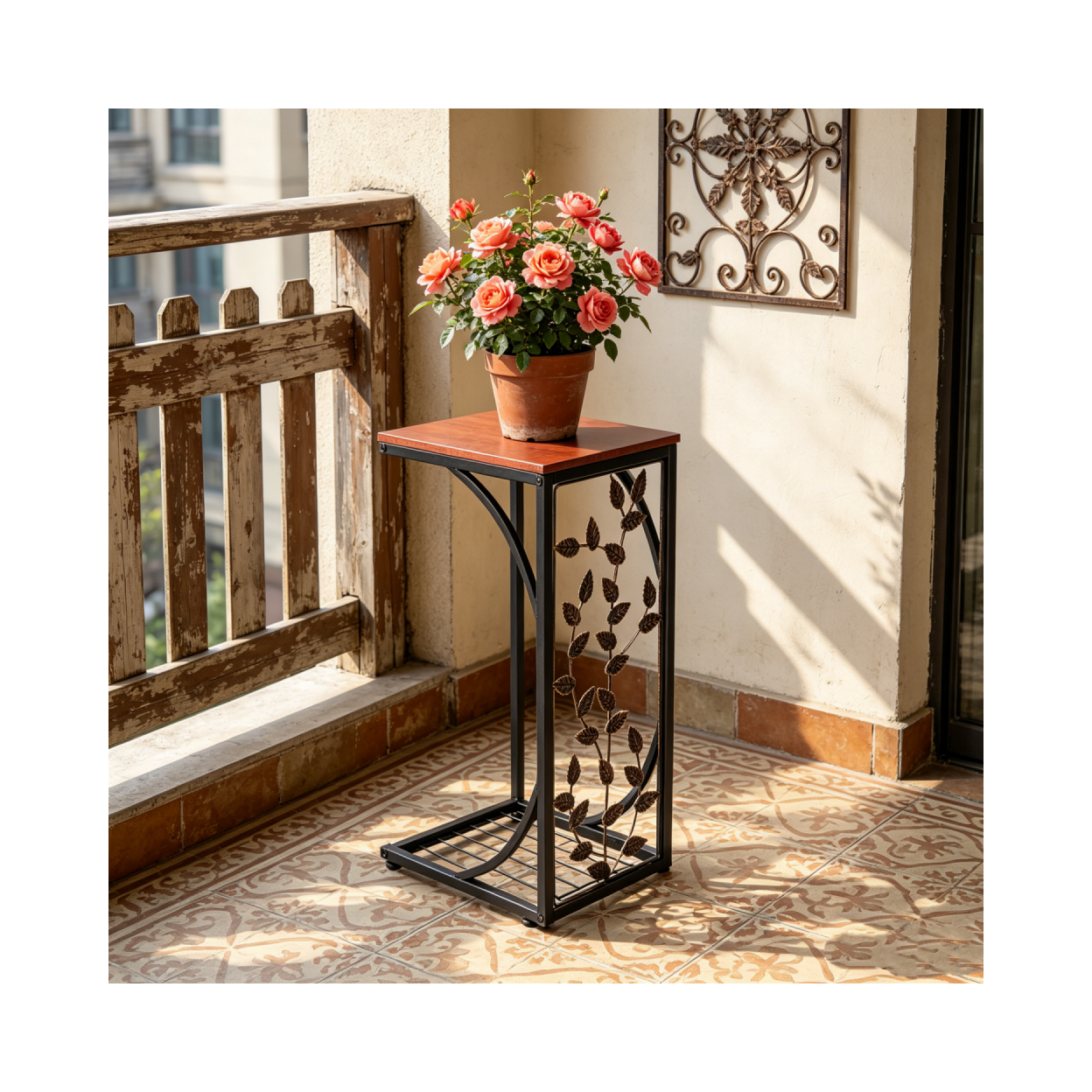 【Same Code：84356574】54*30.5*21CM Leaf Pattern Iron Side Table Coffee Table Brown