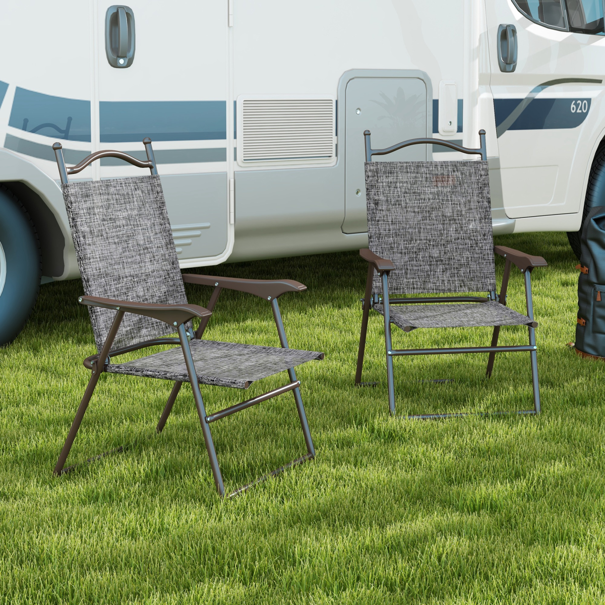 Outsunny Folding Chairs Set with Armrest, Breathable Mesh Fabric Seat, Grey