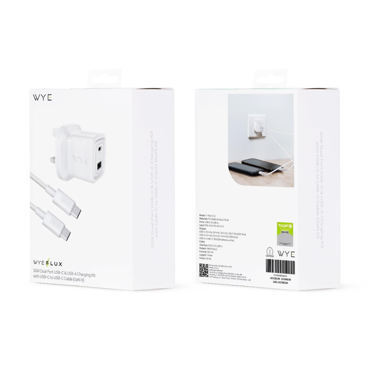 WYEFLUX 32W Dual Port USB-C & USB-A Charging Kit With USB-C to 8-Pin Cable (Gan III)