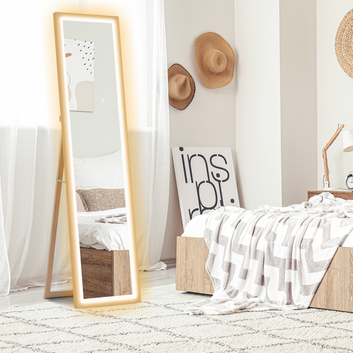 HOMCOM Dimming Full Length Mirror w/ Lights Standing Leaning Wall Mount Oak