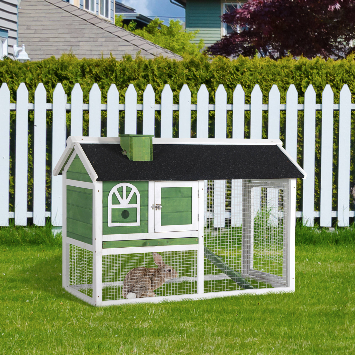 Rabbit Hutch Wood Bunny Cage for Outdoor Indoor w/ Pull Out Tray Run Ramp Green