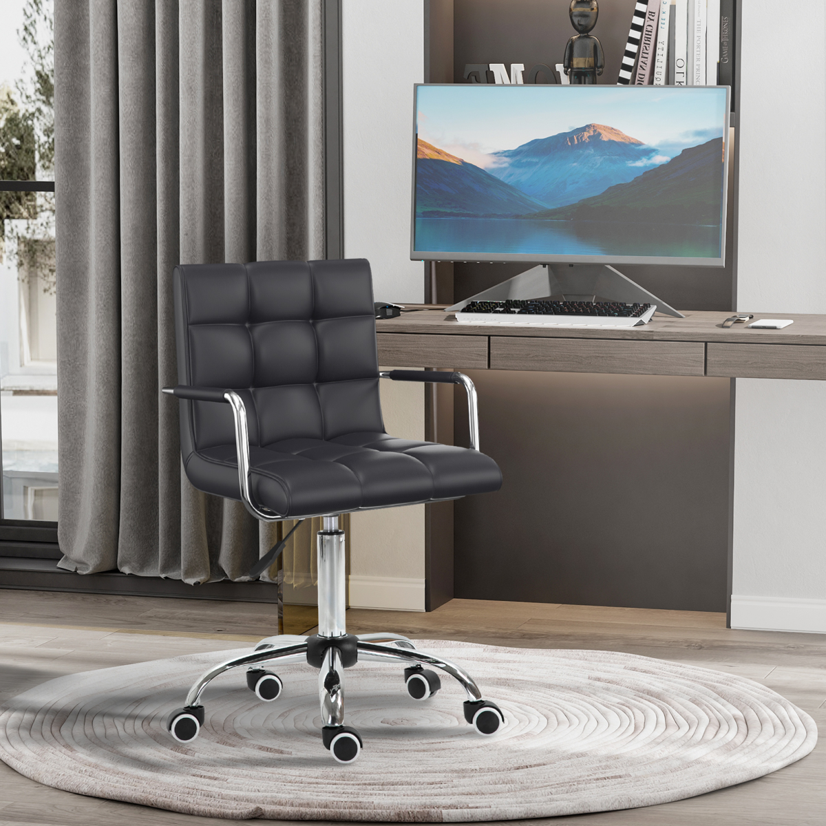 Mid Back PU Leather Home Office Chair Swivel Desk Chair with Arm, Wheel, Black
