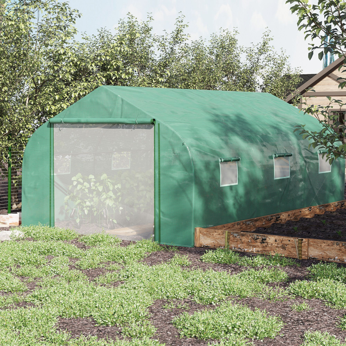 4.47 x 3 x 2m Walk-in Polytunnel Tent,  PE Cover, ZipDoor 6Windows, Green