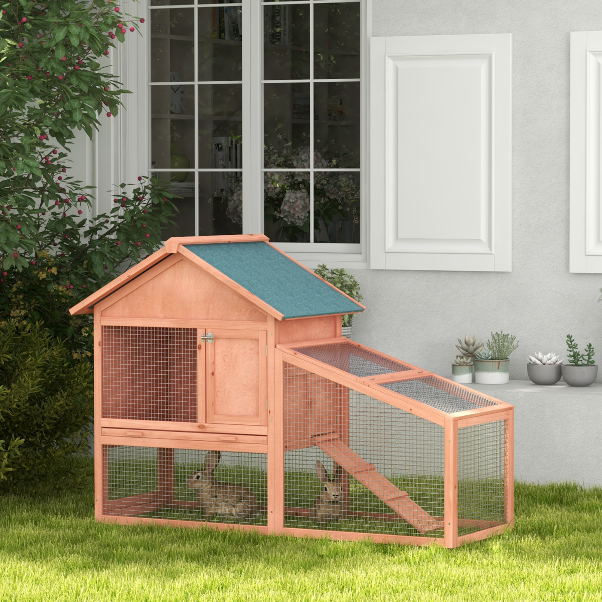 2 Tier Wood Rabbit Hutch Water Resistant Asphalt Roof Ramp 144 x 64.5 x 100 cm