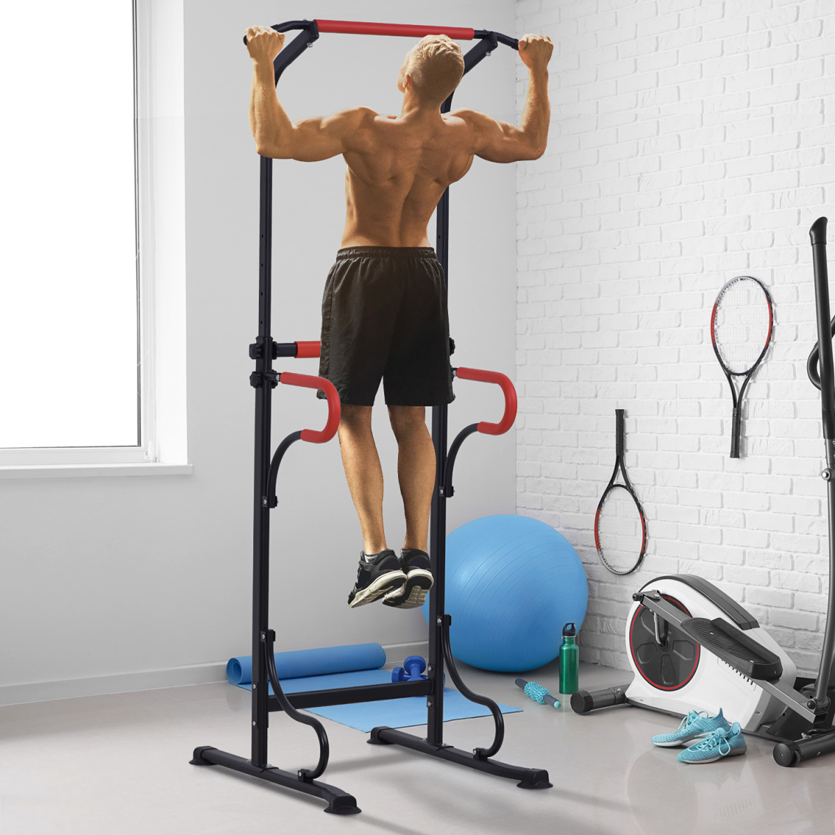 Steel Multi-Use Exercise Power Tower Station Adjustable Height w/ Grips HOMCOM