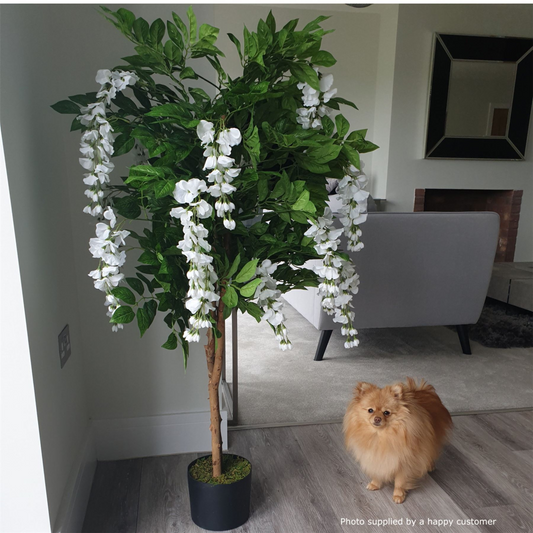 130cm Luxury Artificial Wisteria Tree White Flowers - Premium Range Copper Metal Planter