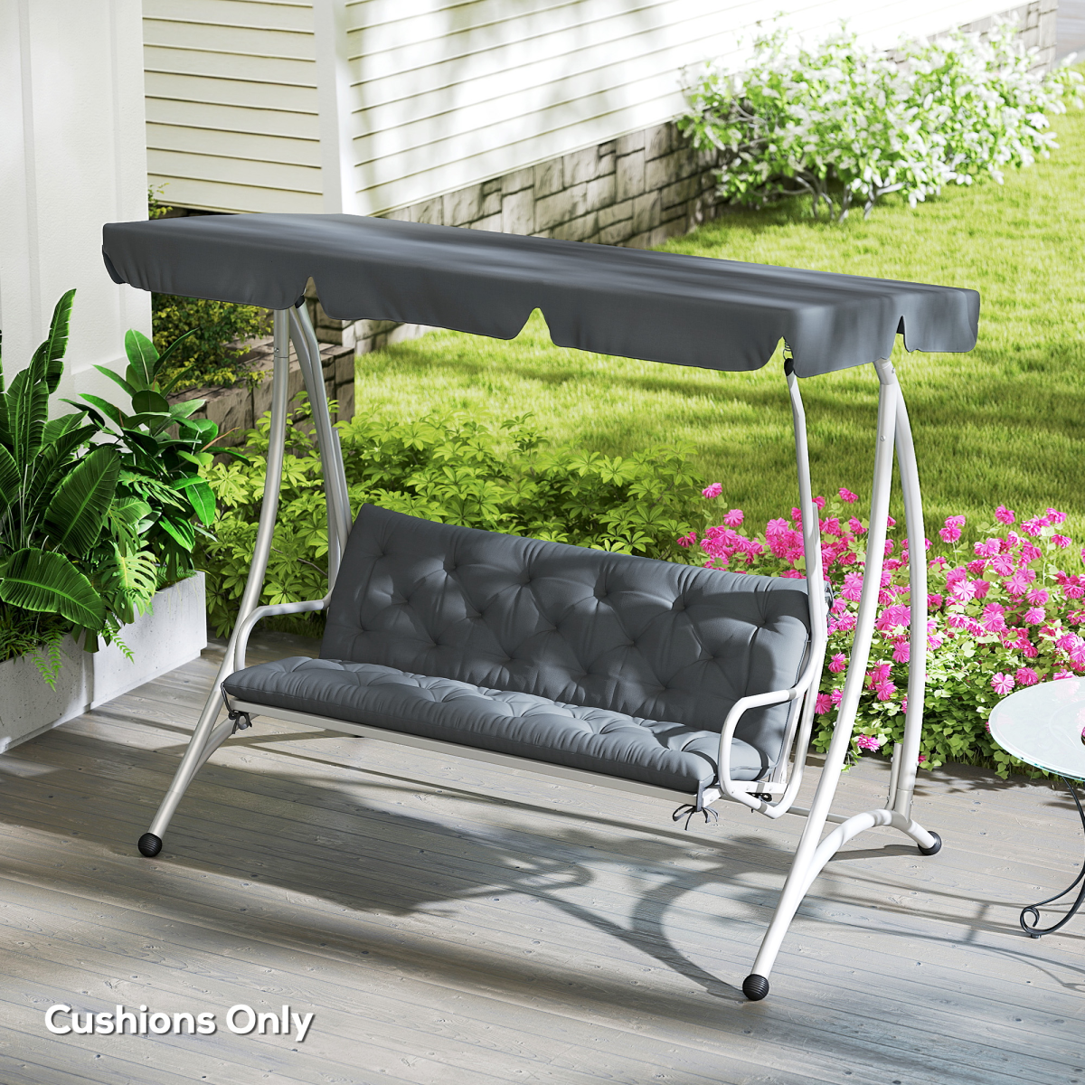 3 Seater Garden Bench Cushion Outdoor Seat Pad with Ties Dark Grey