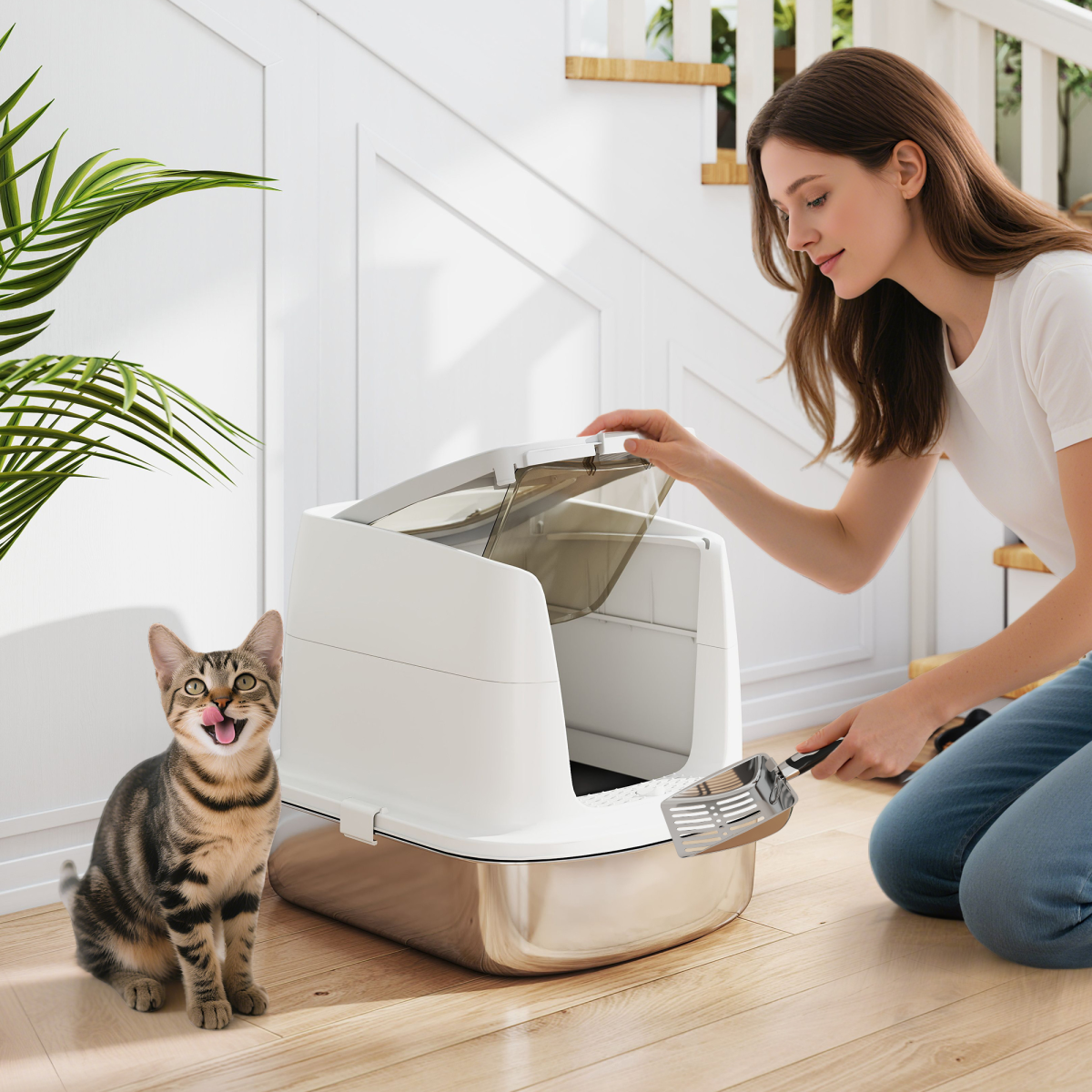 PawHut Stainless Steel Litter Box, Enclosed Metal Cat Litter Tray with Scoop