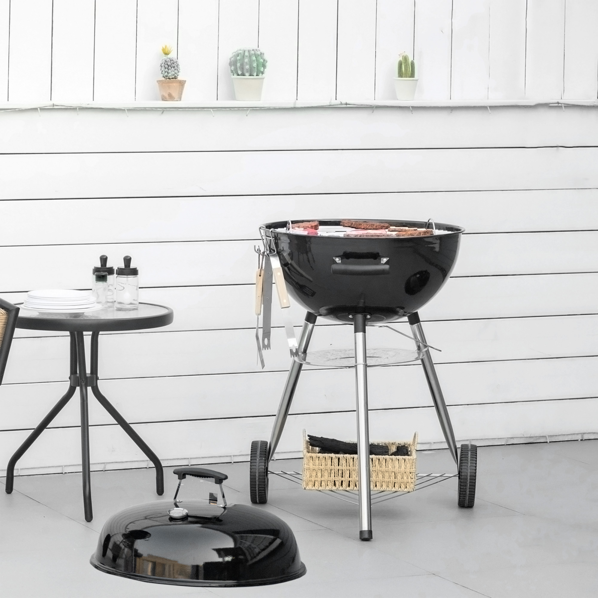 Outsunny Portable Kettle Charcoal Grill BBQ Smoker w/ Cover, Lid, & Thermometer