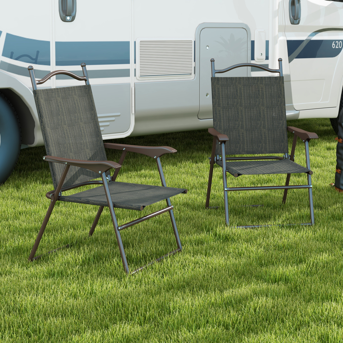 Outsunny Folding Chairs Set with Armrest Breathable Mesh Fabric Seat Dark Brown