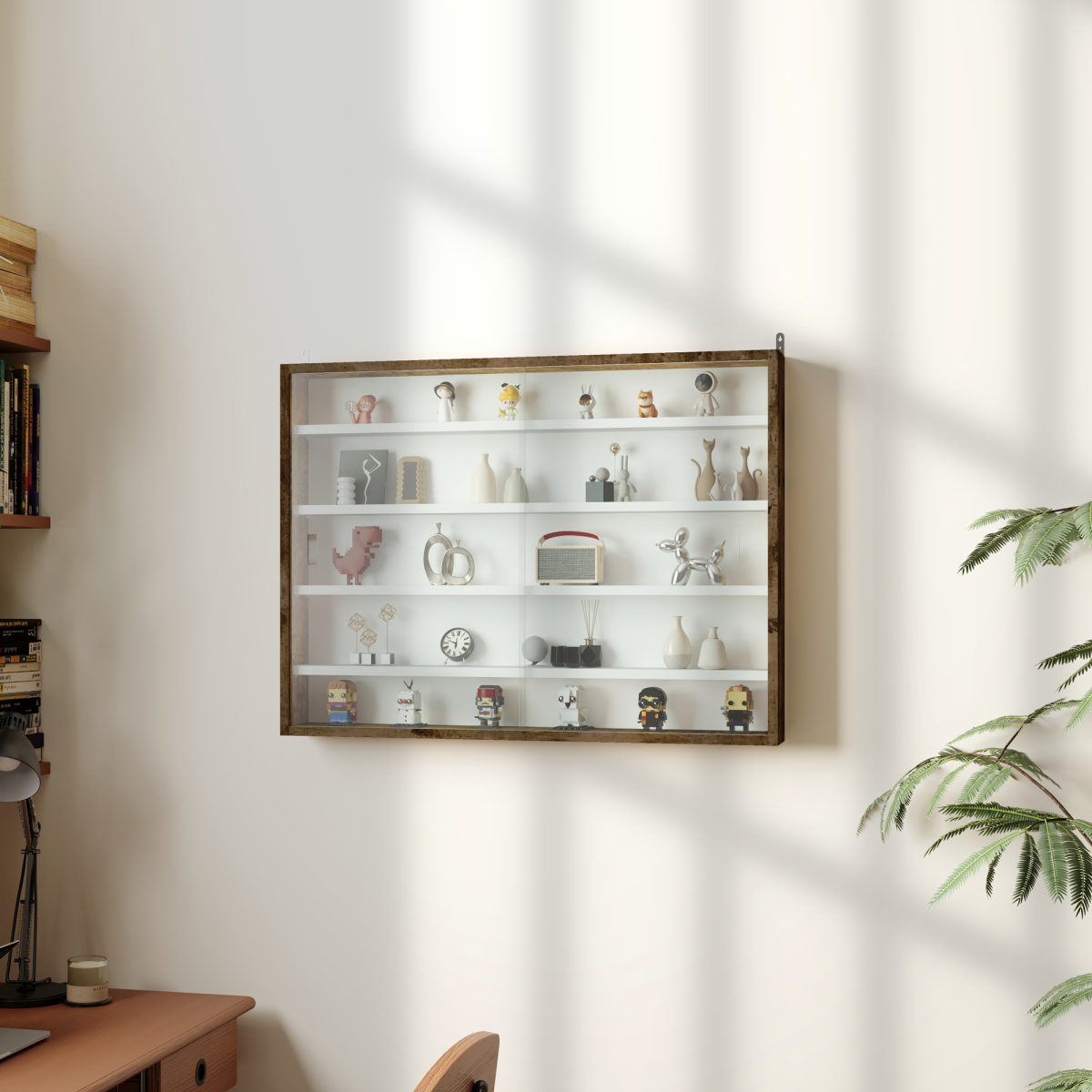 HOMCOM 5-Tier Wall Display Shelf Unit Cabinet w/ Shelves Glass Doors brown